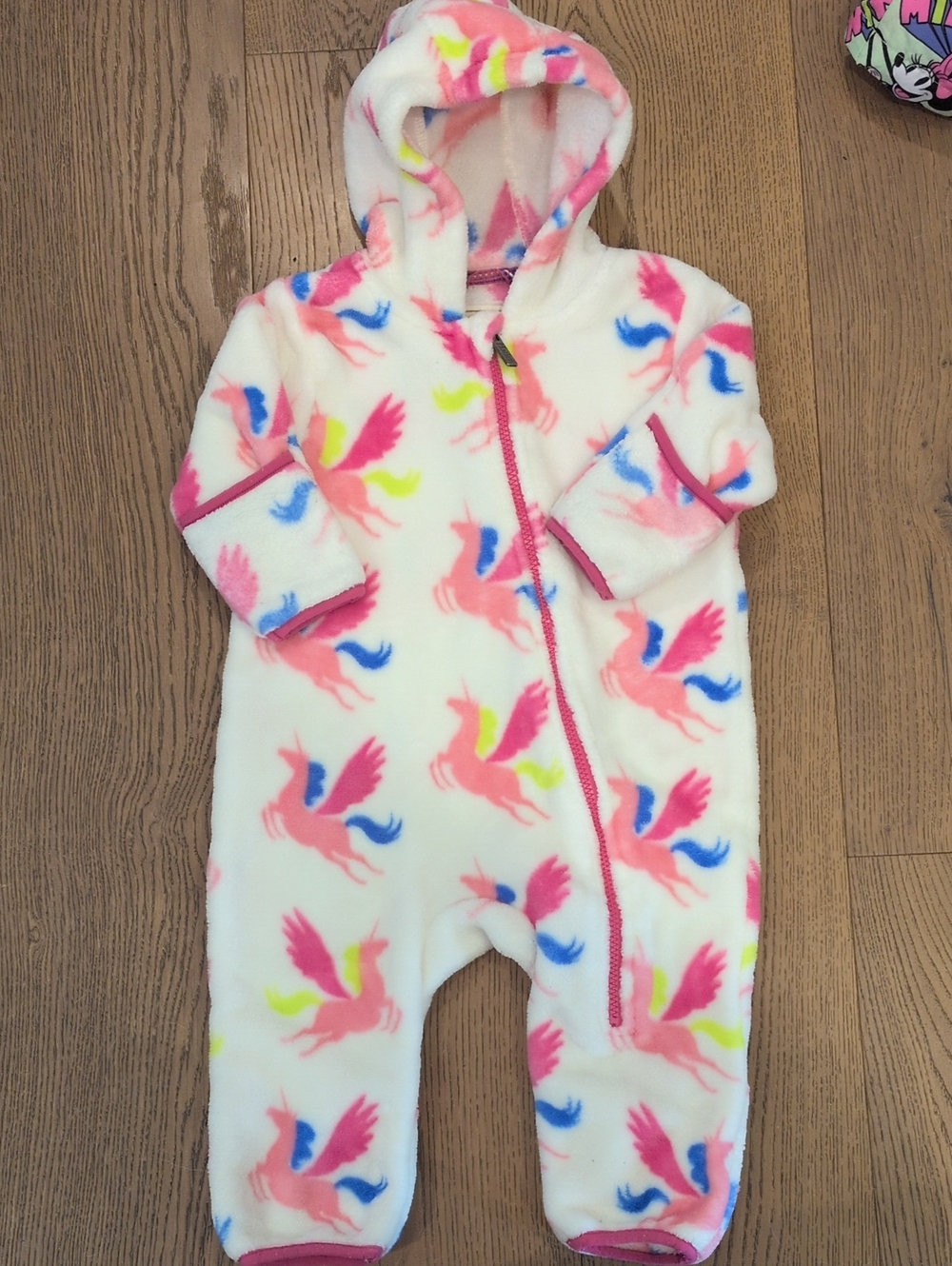 Hately Hooded Fleece One-Piece in White with Pink Pegasus Print